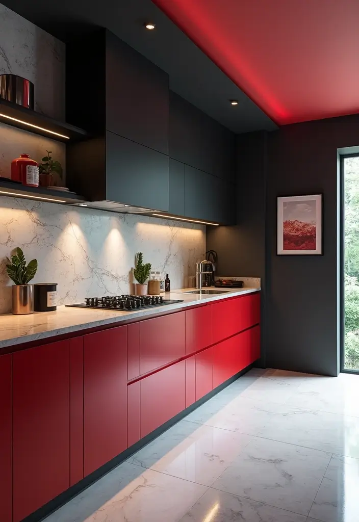 29 Kitchen and Living Room Combo Colors That Create Flow - 9. Black and White with a Pop of Red