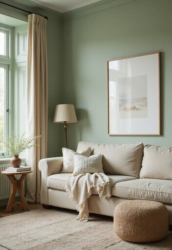 29 Light Green Walls Living Room Ideas That Feel Fresh and Calm - 1. Layered Textures with Soft Green