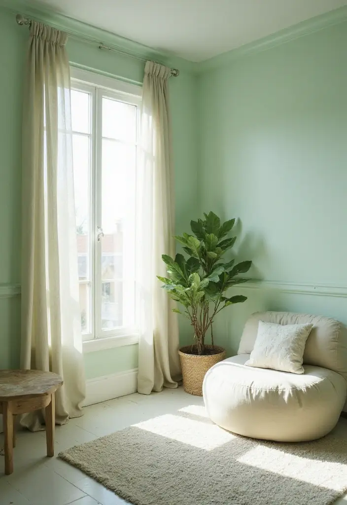 29 Light Green Walls Living Room Ideas That Feel Fresh and Calm - 10. Light and Airy with Sheer Curtains