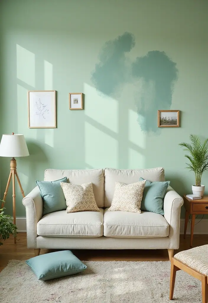 29 Light Green Walls Living Room Ideas That Feel Fresh and Calm - 11. Playful Patterns and Wallpaper