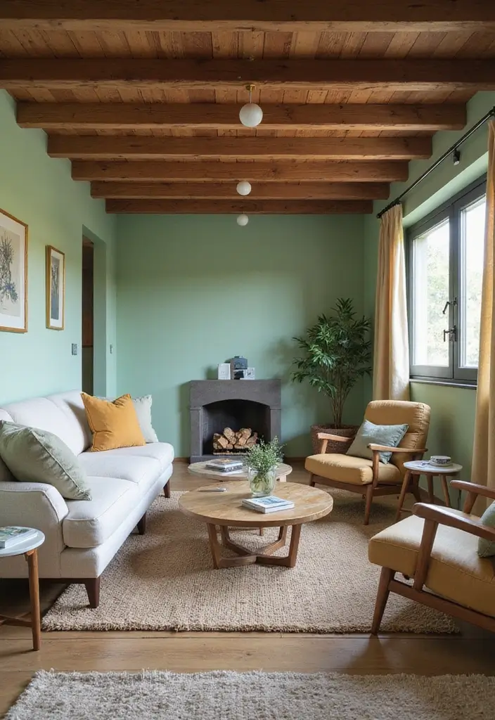 29 Light Green Walls Living Room Ideas That Feel Fresh and Calm - 12. Rustic Elements with a Modern Twist