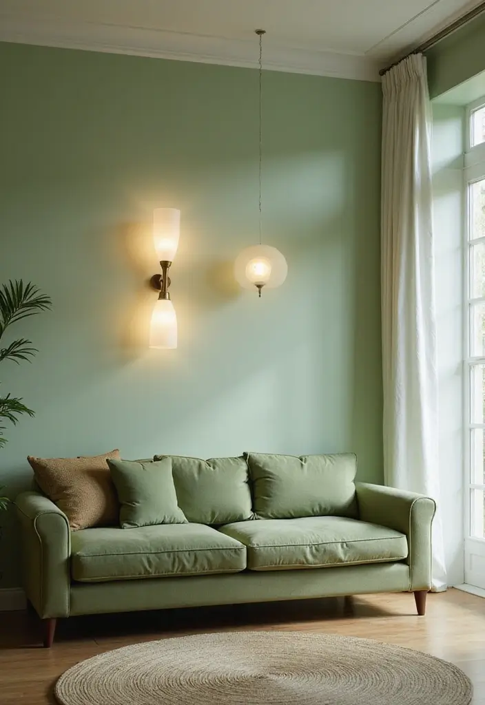 29 Light Green Walls Living Room Ideas That Feel Fresh and Calm - 14. Striking Lighting Fixtures