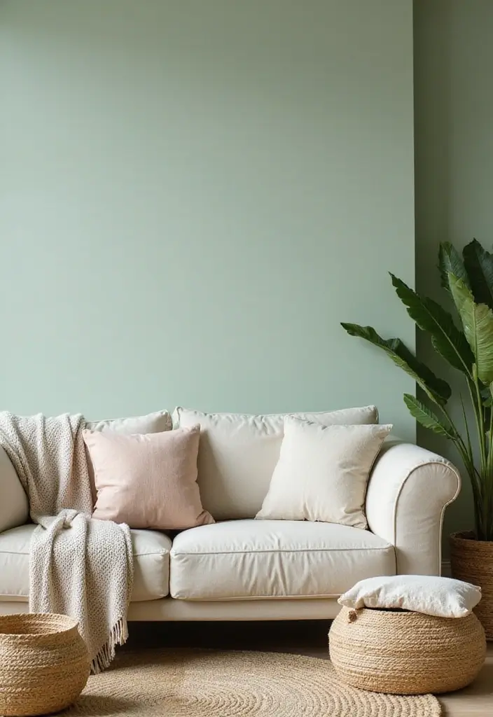 29 Light Green Walls Living Room Ideas That Feel Fresh and Calm - 16. Combining Textures for Depth