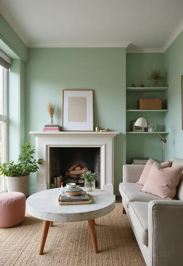 29 Light Green Walls Living Room Ideas That Feel Fresh and Calm - 17. Chic and Cozy Fireplaces