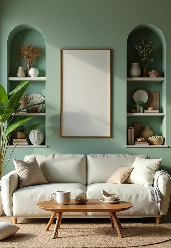 29 Light Green Walls Living Room Ideas That Feel Fresh and Calm - 19. Curated Collections and Displays