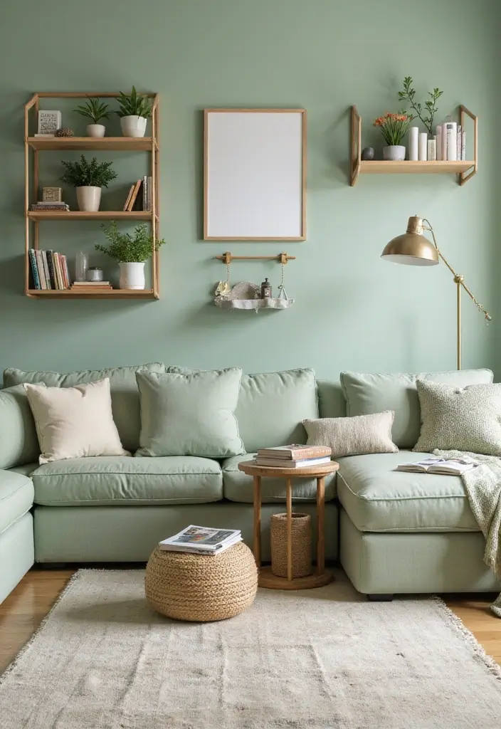 29 Light Green Walls Living Room Ideas That Feel Fresh and Calm - 20. Functional Wall Storage Solutions