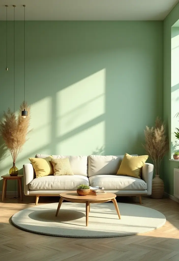 29 Light Green Walls Living Room Ideas That Feel Fresh and Calm - 22. Layered Lighting for Ambiance