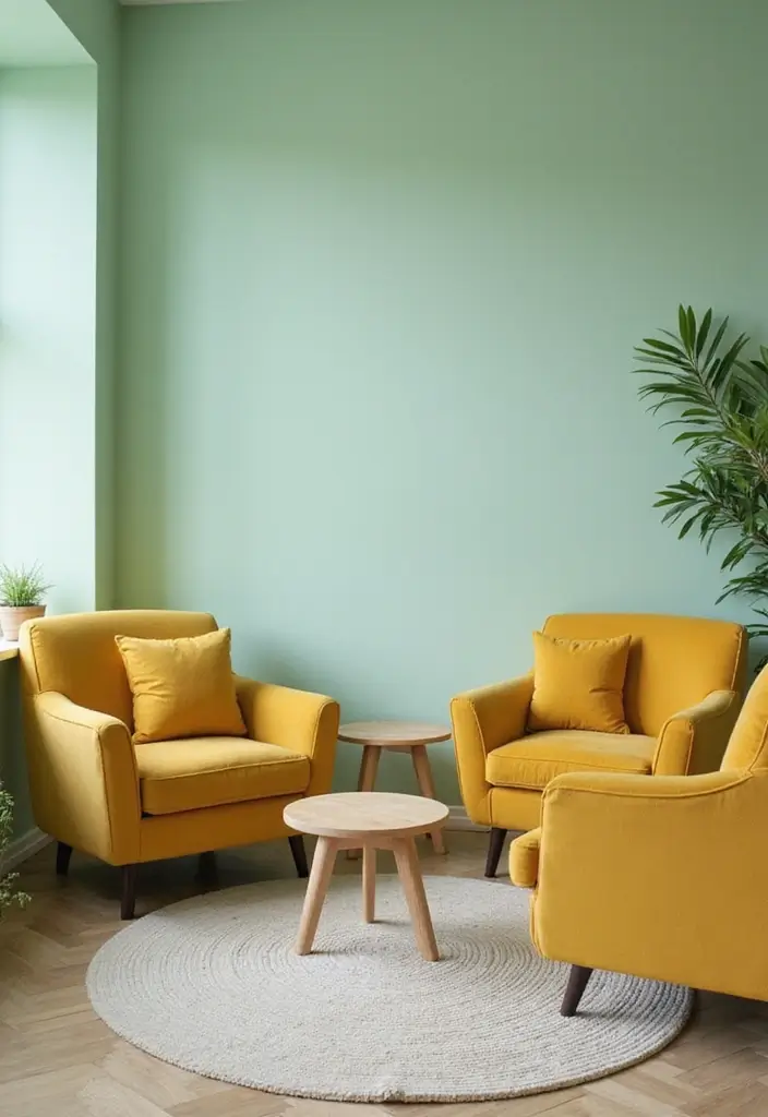 29 Light Green Walls Living Room Ideas That Feel Fresh and Calm - 23. Playful Furniture Placement