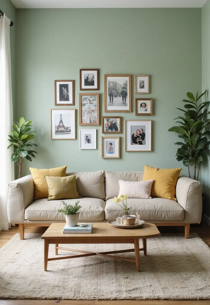 29 Light Green Walls Living Room Ideas That Feel Fresh and Calm - 26. Personal Touches and Family Photos