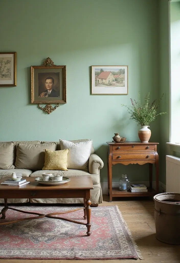 29 Light Green Walls Living Room Ideas That Feel Fresh and Calm - 27. Vintage Finds and Thrifted Treasures