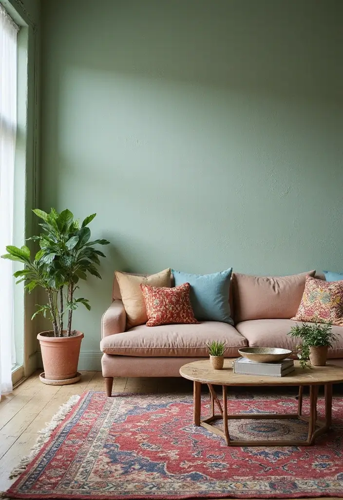 29 Light Green Walls Living Room Ideas That Feel Fresh and Calm - 4. Eclectic Bohemian Vibes