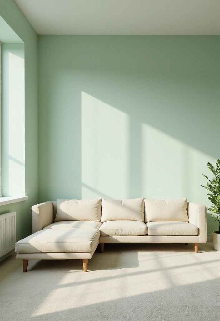 29 Light Green Walls Living Room Ideas That Feel Fresh and Calm - 5. Minimalist Green Serenity