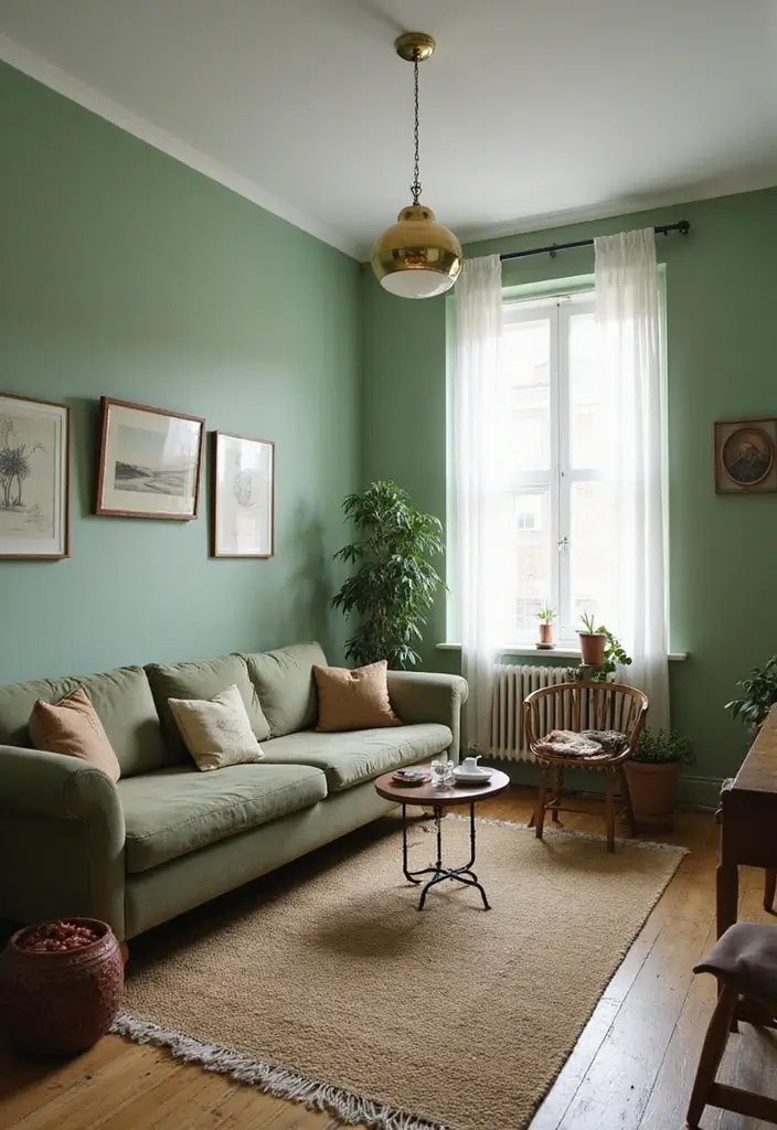 29 Light Green Walls Living Room Ideas That Feel Fresh and Calm - 6. Vintage Charm with Modern Touches