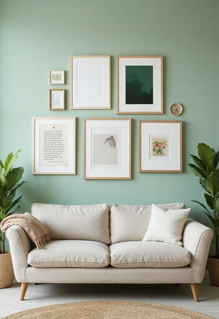 29 Light Green Walls Living Room Ideas That Feel Fresh and Calm - 7. Artistic Expression with Gallery Walls