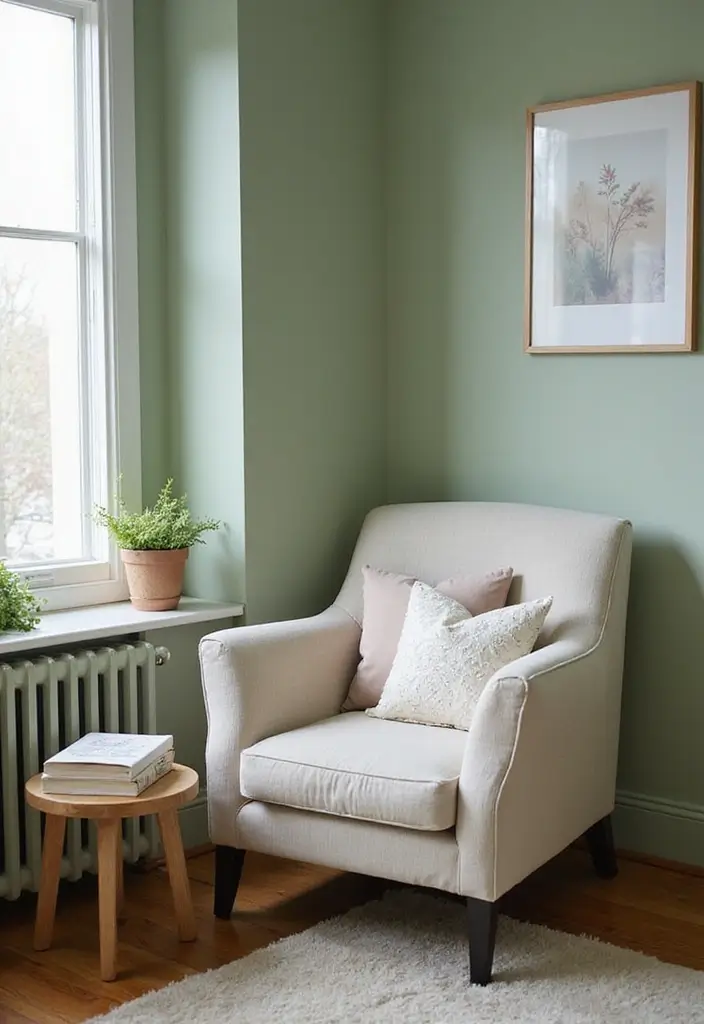 29 Light Green Walls Living Room Ideas That Feel Fresh and Calm - 8. Cozy Corners with Reading Nooks