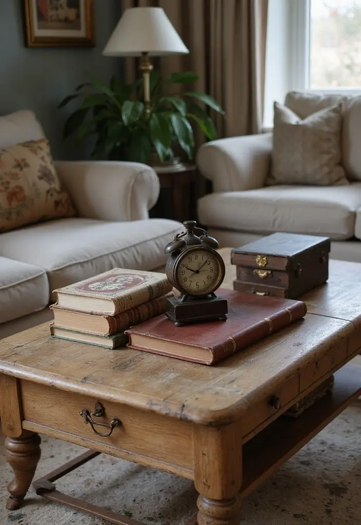 29 Living Room Coffee Table Decor Ideas That Look Polished - 12. Vintage Charm