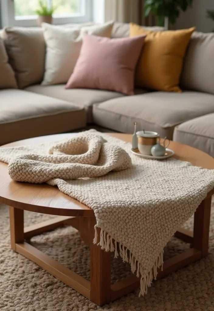 29 Living Room Coffee Table Decor Ideas That Look Polished - 13. Cozy Textiles