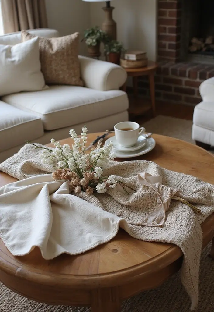 29 Living Room Coffee Table Decor Ideas That Look Polished - 22. Textured Fabrics and Ribbons