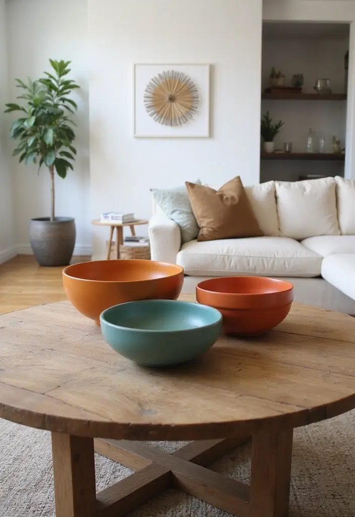 29 Living Room Coffee Table Decor Ideas That Look Polished - 25. Use of Colorful Bowls