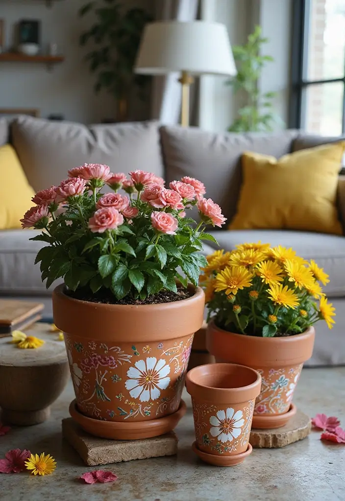 29 Living Room DIY Decor Ideas That Are Fun and Easy - 6. Painted Terracotta Pots