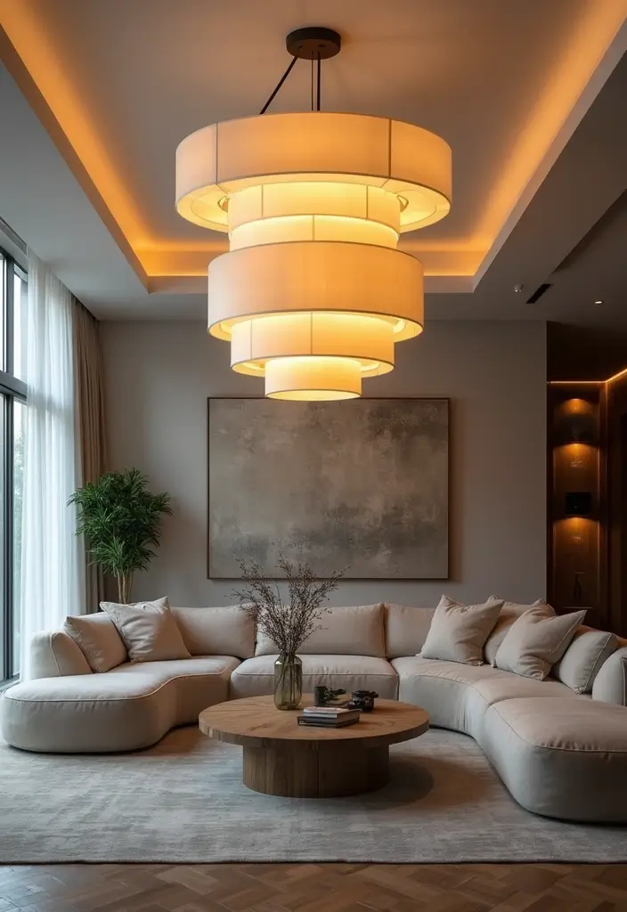29 Medium Living Room Ideas That Feel Spacious and Balanced - 16. Add Statement Lighting Fixtures
