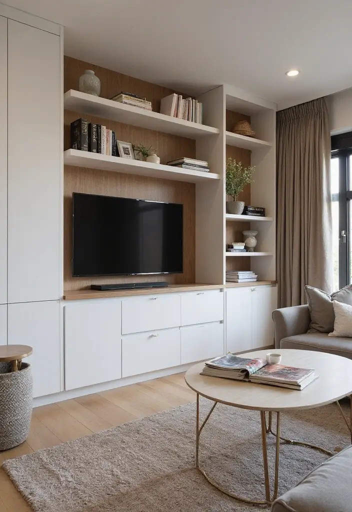 29 Medium Living Room Ideas That Feel Spacious and Balanced - 18. Consider Built-ins for Storage