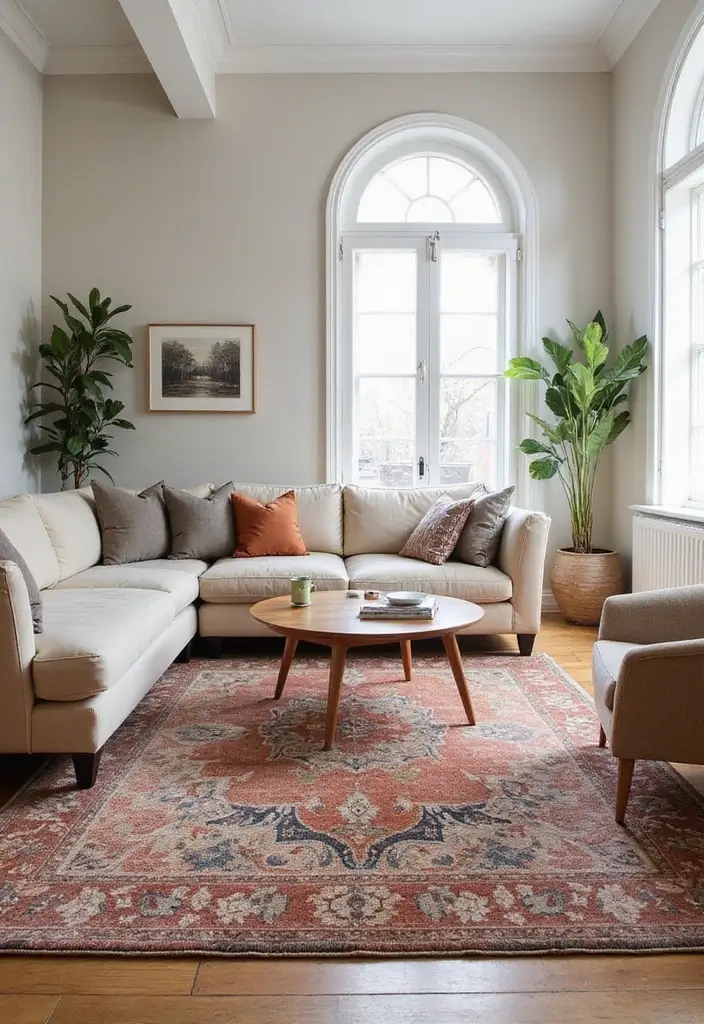 29 One Bedroom Apartment Decor Living Room Ideas That Save Space - 12. Statement Rugs for Visual Warmth