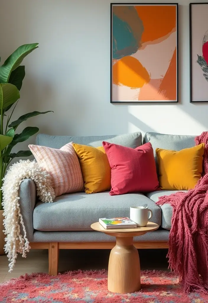 29 One Bedroom Apartment Decor Living Room Ideas That Save Space - 17. Colorful Accents for a Fresh Look