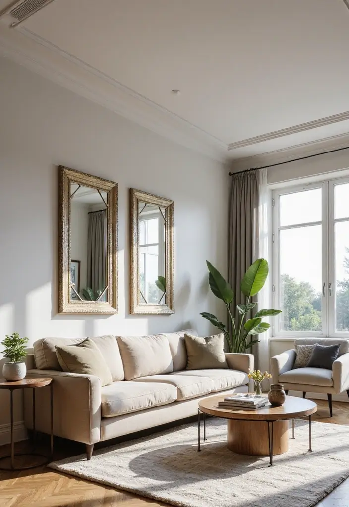 29 One Bedroom Apartment Decor Living Room Ideas That Save Space - 18. Smart Use of Mirrors