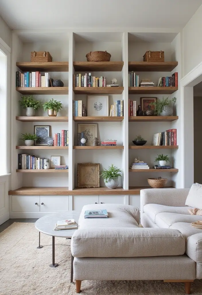 29 One Bedroom Apartment Decor Living Room Ideas That Save Space - 21. Customized Built-Ins for Unique Storage