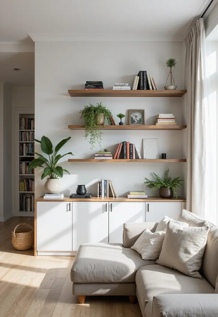 29 One Bedroom Apartment Decor Living Room Ideas That Save Space - 3. Wall-Mounted Shelves for a Clutter-Free Space