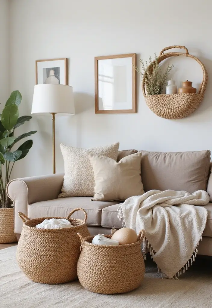 29 One Bedroom Apartment Decor Living Room Ideas That Save Space - 7. Stylish Storage Baskets