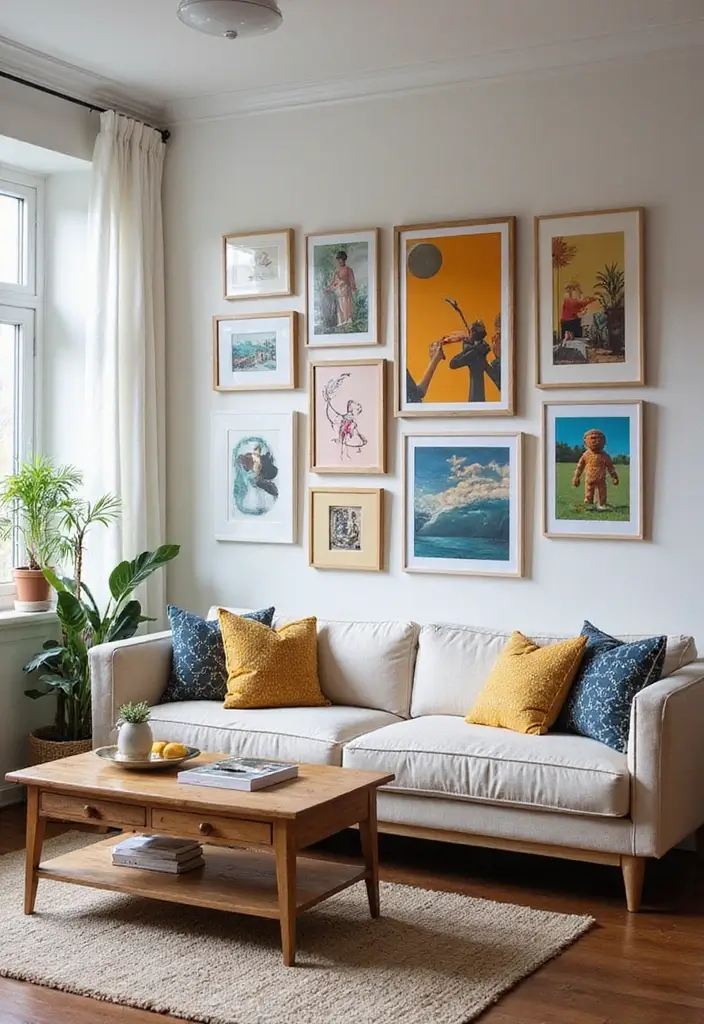 29 One Bedroom Apartment Decor Living Room Ideas That Save Space - 8. Wall Art That Maximizes Vertical Space