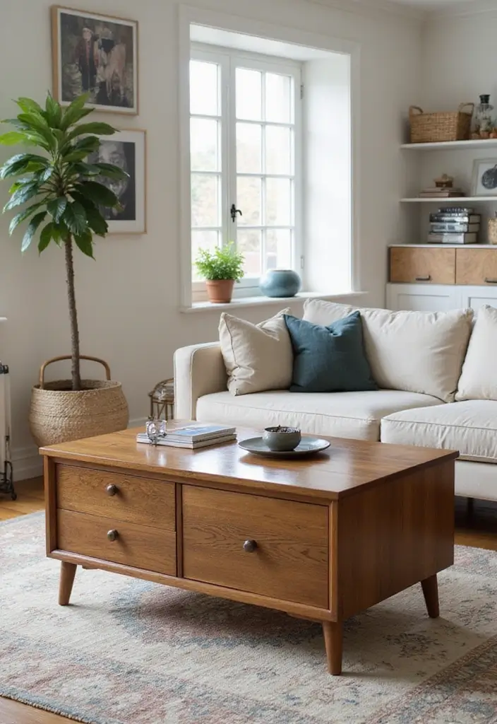 29 One Bedroom Apartment Decor Living Room Ideas That Save Space - 9. Compact Coffee Tables with Storage