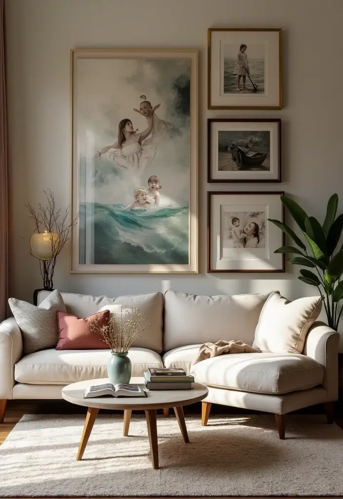 29 Photo Wall Ideas Living Room That Feel Personal and Artistic - 10. Artistic Displays