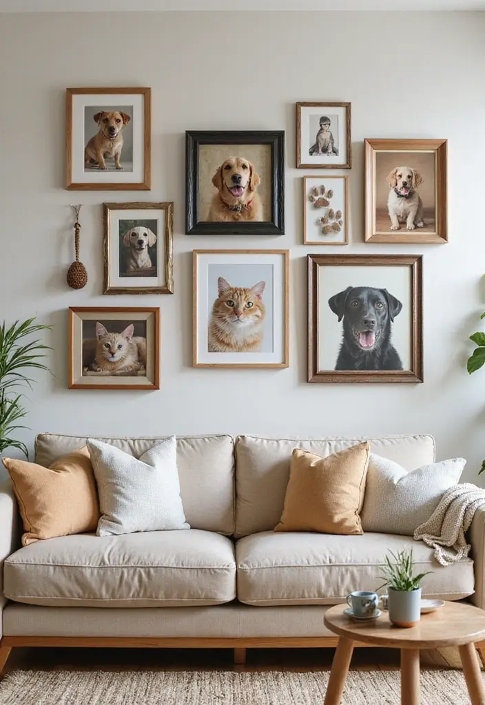 29 Photo Wall Ideas Living Room That Feel Personal and Artistic - 12. Family Pets Showcase