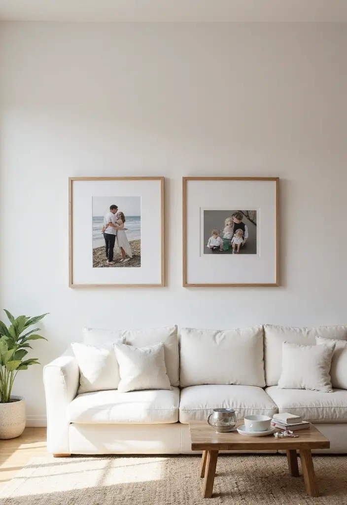 29 Photo Wall Ideas Living Room That Feel Personal and Artistic - 13. Minimalist Elegance