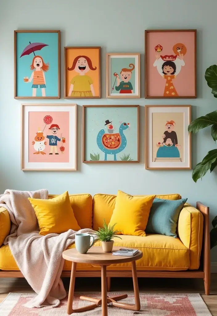 29 Photo Wall Ideas Living Room That Feel Personal and Artistic - 14. Whimsical Art and Photos