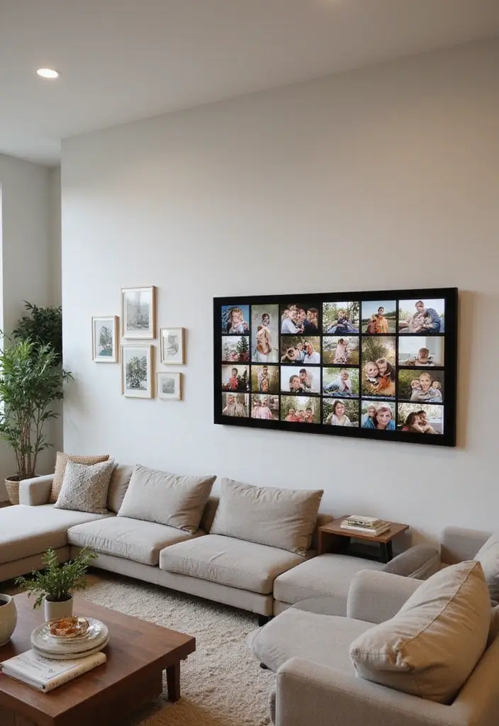 29 Photo Wall Ideas Living Room That Feel Personal and Artistic - 15. Travel Goes Digital