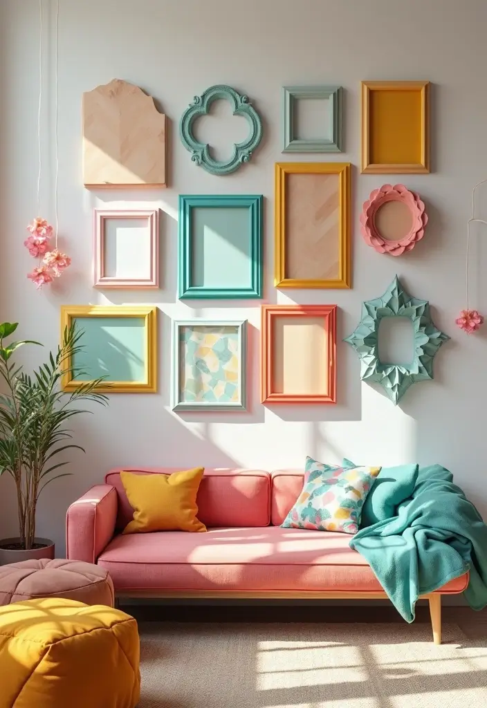 29 Photo Wall Ideas Living Room That Feel Personal and Artistic - 17. Color Pop Photo Frames