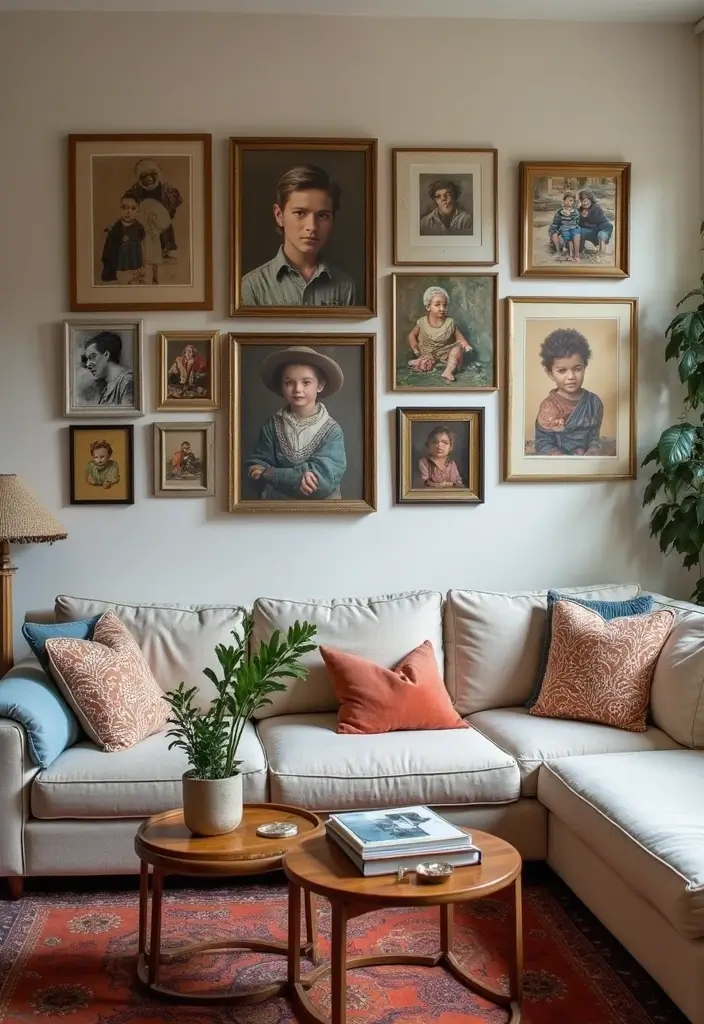 29 Photo Wall Ideas Living Room That Feel Personal and Artistic - 19. Personal Artistic Flair