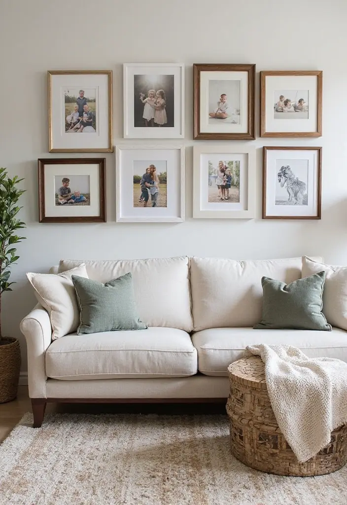 29 Photo Wall Ideas Living Room That Feel Personal and Artistic - 21. Custom Frame Styles