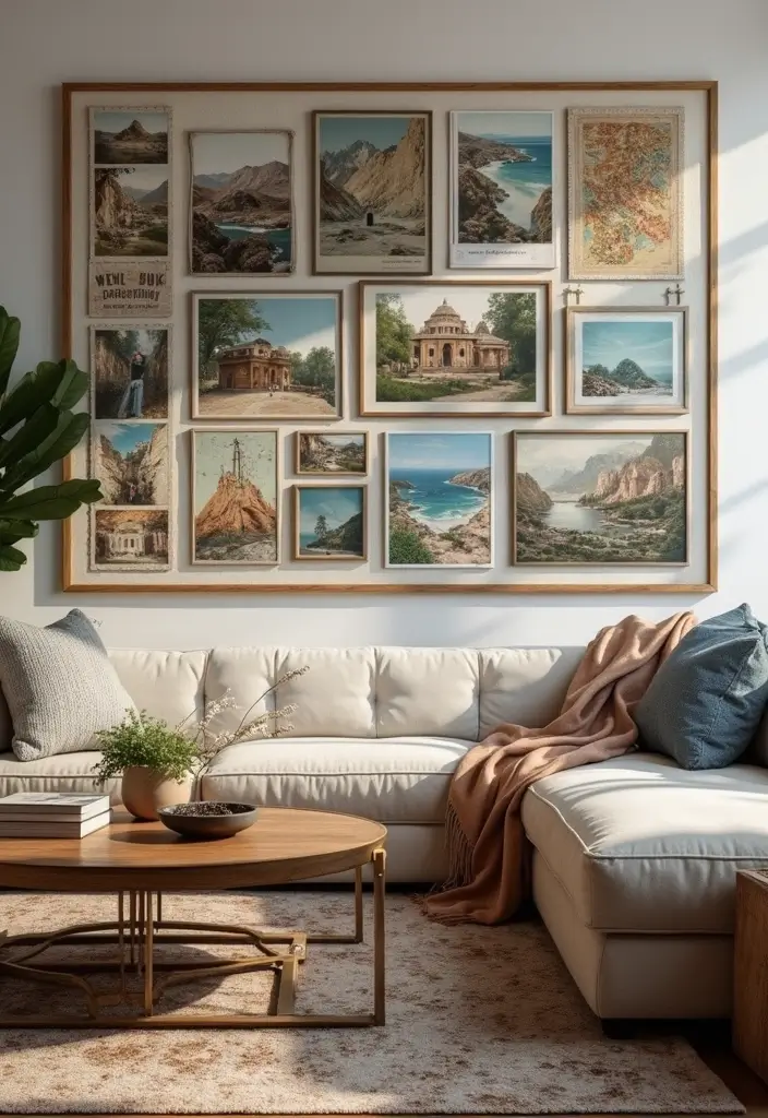29 Photo Wall Ideas Living Room That Feel Personal and Artistic - 24. Travel Postcards Display