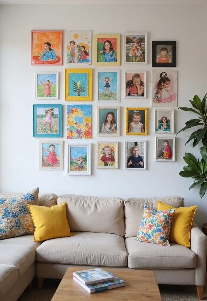 29 Photo Wall Ideas Living Room That Feel Personal and Artistic - 25. Kids’ Artwork Display