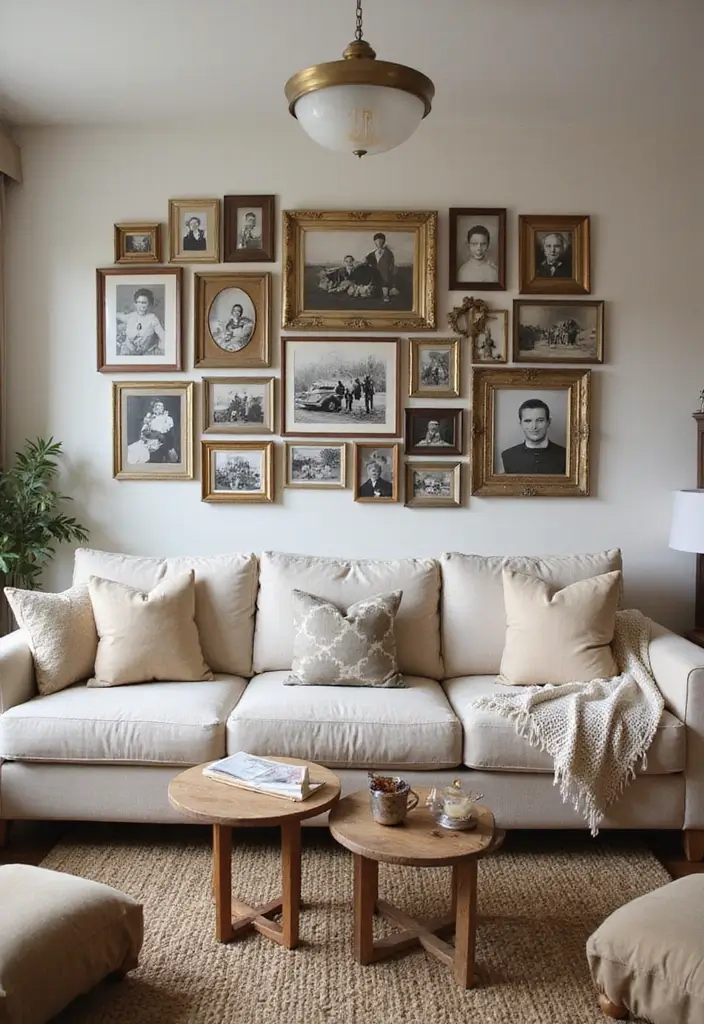 29 Photo Wall Ideas Living Room That Feel Personal and Artistic - 27. Vintage Family Favorites