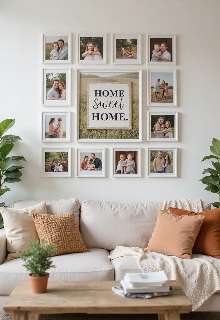 29 Photo Wall Ideas Living Room That Feel Personal and Artistic - 28. Home Sweet Home Theme