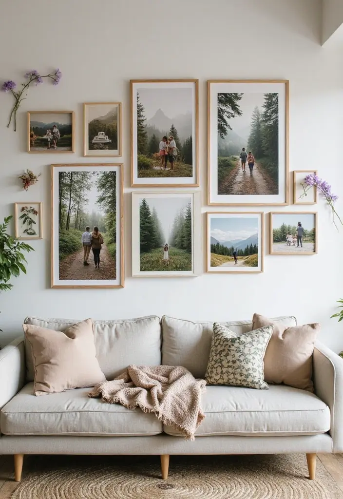 29 Photo Wall Ideas Living Room That Feel Personal and Artistic - 3. Nature-Inspired Arrangements