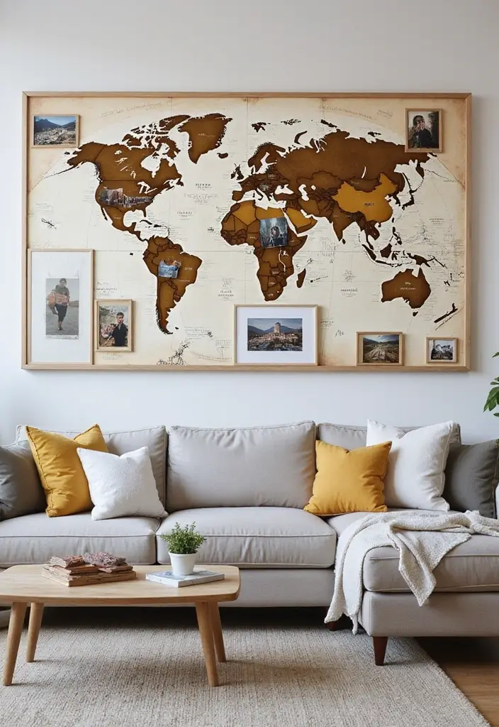 29 Photo Wall Ideas Living Room That Feel Personal and Artistic - 6. Travel Maps and Memories