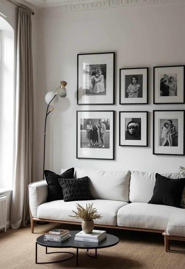 29 Photo Wall Ideas Living Room That Feel Personal and Artistic - 7. Black and White Classics