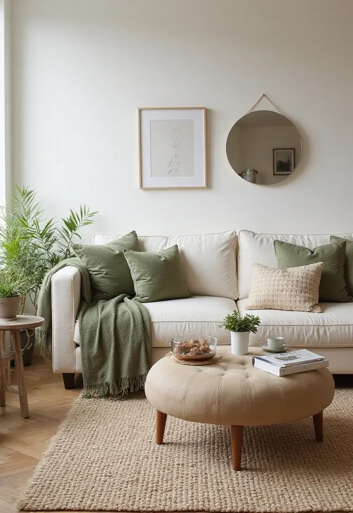 29 Sage Green and Beige Living Room Ideas That Feel Natural and Soft - 10. Layering Soft Textiles